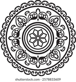 Vector round black monochrome ancient Russian ornament. Slavic border, frame. Circle, ring. Painting of the royal chambers.
