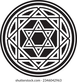 Vector round black monochrome jewish national ornament. Star of David. Semitic folk circle, pattern. Israeli ethnic sign, ring.
