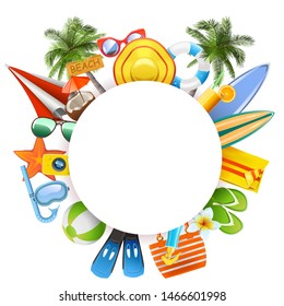 Vector Round Blank Frame with Beach Accessories isolated on white background
