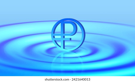 Vector round blue 3d symbol of the digital ruble of the Russian Federation on the surface of a bright glowing liquid with diverging round waves. Virtual cyan crypto financial space.