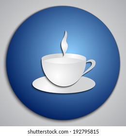 Vector round blue Coffee Cup button with paper cut image