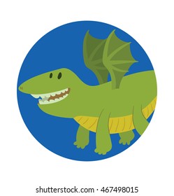 Vector round blue frame with cartoon image of a funny fat green dragon with yellow belly and small wings, flying and smiling in the center on a white background. Vector illustration of a dragon.