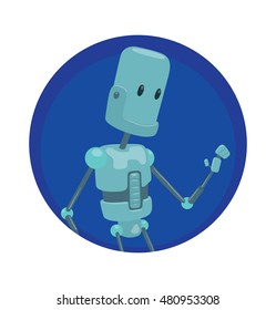 Vector round blue frame with cartoon image of funny light blue robot with long arms and legs walking somewhere in the center on a white background. Positive character. Technology, Robotics.