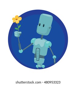 Vector round blue frame with cartoon image of funny light blue robot with long arms and legs with a yellow flower in hand in the center on a white background. Positive character. Technology, Robotics.