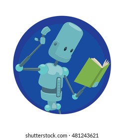 Vector round blue frame with cartoon image of funny light blue robot with long arms with a green book in his hand in the center on a white background. Positive character. Technology, Robotics