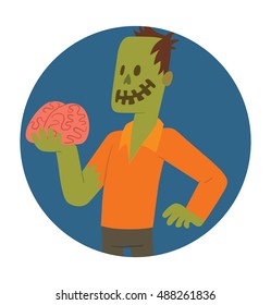 Vector round blue frame with cartoon image of a funny zombie with green skin torn black pants, orange shirt with pink brain in hand in the center on a white background. Halloween. Vector illustration.