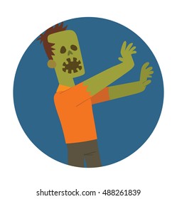 Vector round blue frame with cartoon image of a funny zombie with green skin torn black pants, orange shirt walking with an open mouth in the center on white background. Halloween. Vector illustration
