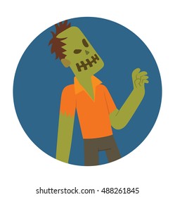Vector round blue frame with cartoon image of a funny zombie with green skin torn black pants and orange t-shirt walking somewhere in the center on a white background. Halloween. Vector illustration.