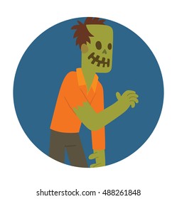 Vector round blue frame with cartoon image of a funny zombie with green skin torn black pants and orange shirt standing in the center on a white background. Halloween. Vector illustration.