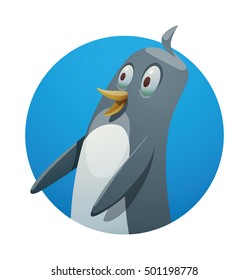 Vector round blue frame with cartoon image of a funny black-white penguin with a yellow beak standing surprised in the center on a white background. Positive character. Penguin. Antarctica.