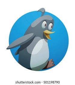 Vector round blue frame with cartoon image of a funny black-white penguin with a yellow beak walking somewhere in the center on a white background. Positive character. Penguin. Antarctica.
