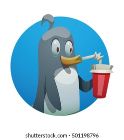 Vector round blue frame with cartoon image of a funny black-white penguin with a yellow beak drinking a drink in a red cup with a straw in the center on a white background. Positive character. Penguin
