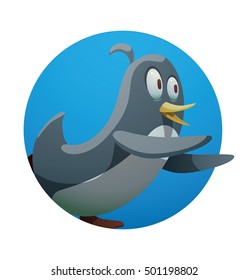 Vector round blue frame with cartoon image of a funny black-white penguin with a yellow beak running somewhere in the center on a white background. Positive character. Penguin. Antarctica.
