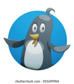 Vector round blue frame with cartoon image of a funny black-white penguin with a yellow beak standing and smiling in the center on a white background. Positive character. Penguin. Antarctica. 