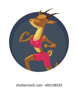 Vector round blue frame with cartoon image of animals in the gym: a funny brown gazelle in pink shorts and tank-top jogging and smiling on a white background. Sports, healthy lifestyle, doing workout.