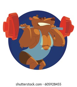 Vector round blue frame with cartoon image of animals in the gym: a funny big brown bear in light blue wrestling tights lifting heavy red barbell on a white background. Sports, healthy lifestyle.