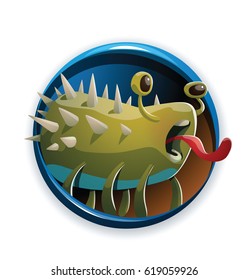 Vector round blue frame with cartoon image of a cute yellow-green monster with spikes all over his body standing on six legs with his tongue out on a white background. Positive character. Halloween.