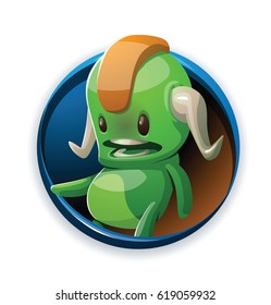 Vector round blue frame with cartoon image of a cute green monster with a brown mohawk and two white horns, standing on two legs on a white background. Positive character, creature, funny. Halloween.