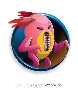 Vector round blue frame with cartoon image of a cute pink monster with red tufts and with a vertical mouth standing on two legs on a white background. Positive character, creature, funny. Halloween.