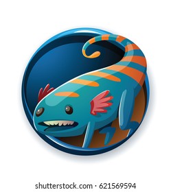 Vector round blue frame with cartoon image of a cute blue monster with red tufts and orange stripes on back standing on four legs on a white background. Positive character, creature, funny. Halloween.