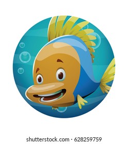 Vector round blue frame with cartoon image of a cute yellow-blue fish with yellow fins and tail smiling on a white background. Underwater life, ocean, aquarium. Positive character. Vector illustration