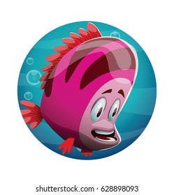 Vector round blue frame with cartoon image of a cute bright pink striped fish with red fins and tail smiling on a white background. Underwater life, ocean, aquarium. Positive character. 