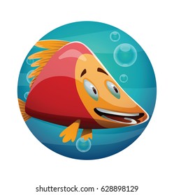 Vector round blue frame with cartoon image of a cute red-yellow fish with yellow fins and tail smiling on a white background. Underwater life, ocean, aquarium. Positive character. Vector illustration.