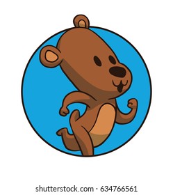 Vector round blue frame with cartoon image of a cute brown bear running somewhere in the center on a white background. Running animals, sport, Zoo, jogging, healthy lifestyle. Positive character. 