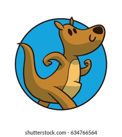 Vector round blue frame with cartoon image of a cute brown kangaroo running somewhere in the center on a white background. Running animals, sport, Zoo, jogging, healthy lifestyle. Positive character. 