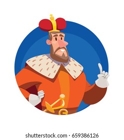 Vector round blue frame with cartoon image of a funny big king with brown hair and beard in a red royal robe with a red-golden crown on his head and with gold sword on his belt on a white background.