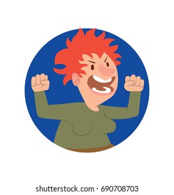 Vector round blue frame with cartoon image of a funny angry old woman with red hair in a brown skirt and green blouse standing and screaming at someone on a white background. Retired, elderly.