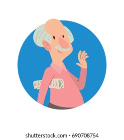 Vector round blue frame with cartoon image of a funny balding old man with gray hair and mustache in black pants and pink shirt standing with a newspaper on a white background. Retired, elderly.