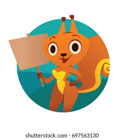 Vector round blue frame with cartoon image of a funny orange squirrel with a big fluffy tail, standing with a banner in her paw and smiling on a white background. Animal, forest, positive character.