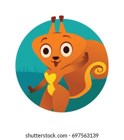 Vector round blue frame with cartoon image of a funny orange squirrel with a big fluffy tail, standing, waving her paw and smiling on a white background. Animal, forest, positive character.