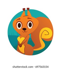 Vector round blue frame with cartoon image of a funny orange squirrel with a big fluffy tail, standing and smiling on a white background. Animal, forest, positive character. Vector illustration.