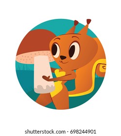 Vector round blue frame with cartoon image of a funny orange squirrel with a big fluffy tail, walking with a big mushroom in paws and smiling on a white background. Animal, forest, positive character.