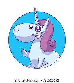 Vector round blue frame with cartoon image of a cute white happy unicorn with a lilac mane and tail sitting and smiling on a white background. Animals, legend, fairy tale. Vector illustration.