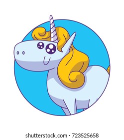 Vector round blue frame with cartoon image of a cute white happy unicorn with a yellow mane and tail standing and smiling on a white background. Animals, legend, fairy tale. Vector illustration.