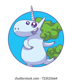 Vector round blue frame with cartoon image of a cute white happy unicorn with a green mane and tail dancing and smiling on a white background. Animals, legend, fairy tale. Vector illustration.
