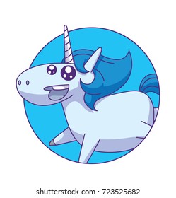 Vector round blue frame with cartoon image of a cute white happy unicorn with a blue mane and tail running somewhere and smiling on a white background. Animals, legend, fairy tale.