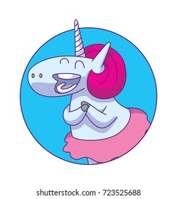 Vector round blue frame with cartoon image of a cute white happy unicorn with a crimson mane and tail in a pink skirt standing and smiling on a white background. Animals, legend, fairy tale.