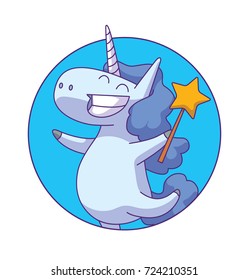 Vector round blue frame with cartoon image of a cute white happy unicorn with a wavy blue mane and tail standing with magic wand in hoof and smiling on a white background. Animals, legend, fairy tale.