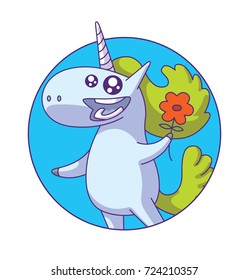 Vector round blue frame with cartoon image of a cute white happy unicorn with a light green mane and tail standing with a flower in hoof and smiling on a white background. Animals, legend, fairy tale.