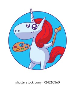 Vector round blue frame with cartoon image of a cute white happy unicorn with a scarlet mane and tail standing with brush and palette in hooves on a white background. Animals, legend, fairy tale.