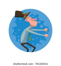 Vector round blue frame with cartoon image of a young man in black trousers and in a black hat with mistletoe, dancing and smiling on a white background. Corporate party, Christmas, New Year, office.