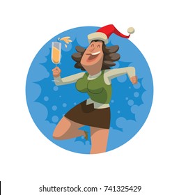 Vector round blue frame with cartoon image of a woman in a red Santa's hat, dancing with a glass of champagne in hand and smiling on a white background. Corporate party, Christmas, New Year, office.