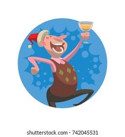 Vector round blue frame with cartoon image of a man in a red Santa's hat, dancing with a glass of champagne in hand and smiling on a white background. Corporate party, Christmas, New Year, office.