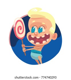 Vector round blue frame with cartoon image of a funny baby boy with blond hair in a blue diaper standing with a lollipop in his hands and smiling on a white background. Children, childhood, birth.