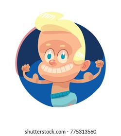 Vector round blue frame with cartoon image of a funny baby boy with blond hair in a blue diaper standing, showing his muscles and smiling on a white background. Children, childhood, birth.