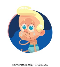 Vector round blue frame with cartoon image of a funny baby boy with blond hair in a blue diaper sitting and crying on a white background. Children, childhood, birth. Vector illustration.